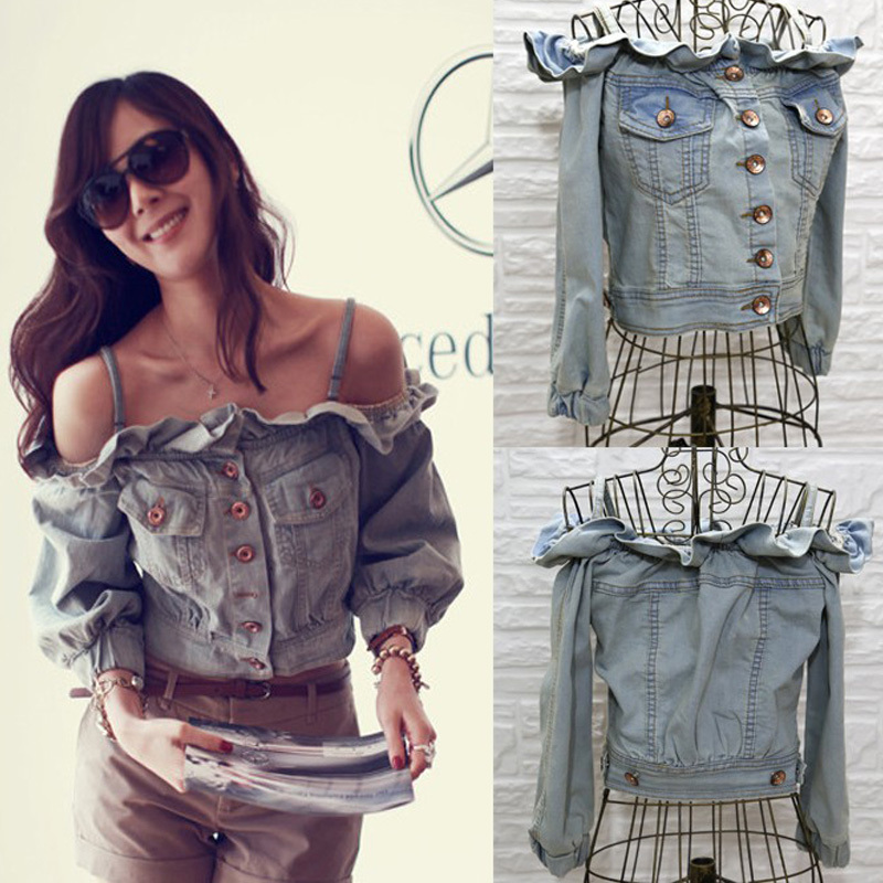 2013 new arrival fashion slit neckline short denim outerwear ruffle spaghetti strap denim top slim women's shirt Free shipping
