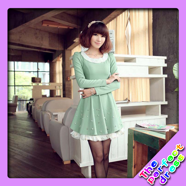 2013 new arrival fashion sweet knitted one-piece dress beading o-neck lace sweep long design autumn and winter dress 05