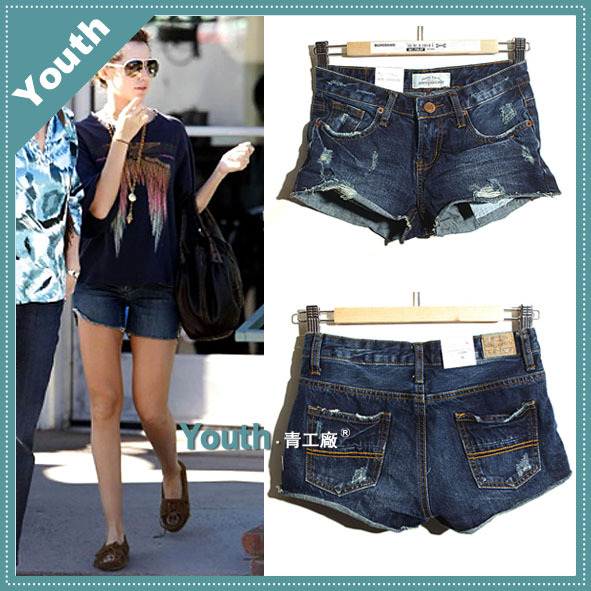 2013 new arrival fashion whisker hole denim female low-waist roll-up hem shorts boot cut jeans