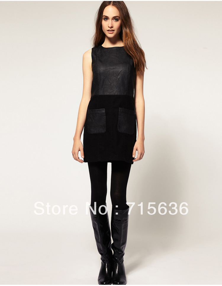 2013 New arrival Fashion Women Elegant Black PU leather Dresses Ladies patchwork vantage Casual Slim vintage OL career dress