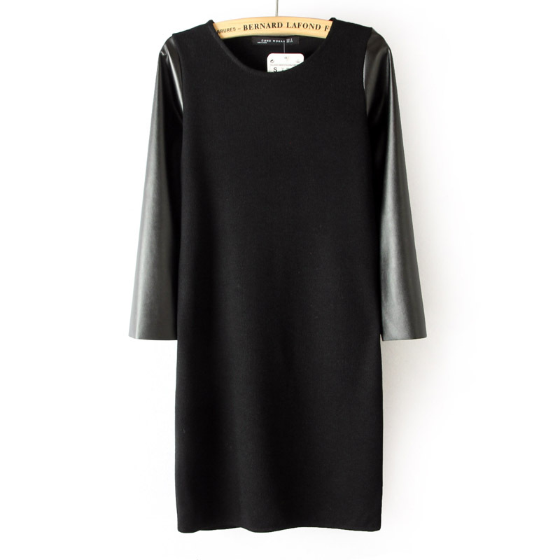 2013 New arrival Fashion Women Elegant Straight PU leather Sleeve Dresses classic black patchwork Casual Slim vintage OL dress