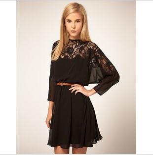 2013 New Arrival Free Shipping Chiffon Lace Women Dress 1Pc/lot Fashion Long Sleeve Dress With Belt