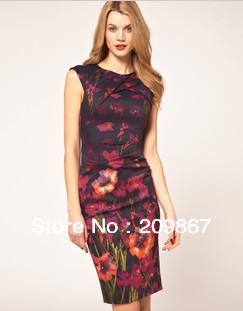 2013 New arrival free shipping women's spring elegant printed flower dresses O'neck sleeveless K009