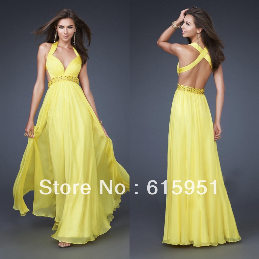 2013 New Arrival Halter Neckline Crystal Beaded Floor Length Yellow Chiffon Prom Evening Dress Patterns JY592