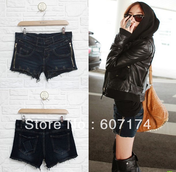 2013 new arrival&hot sell ladies summer torn edge side zipper slim denim shorts women double buckles boots shorts #2401