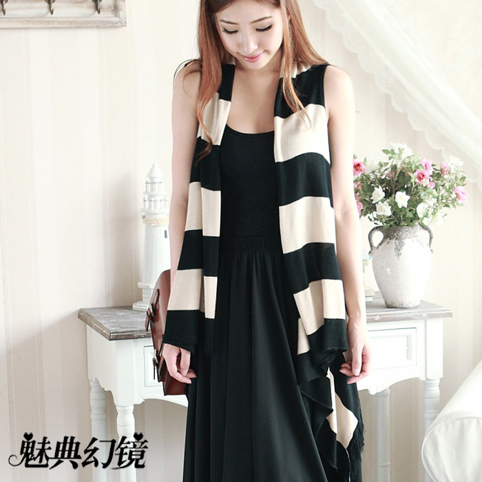 2013 new arrival long design tassel a piece knitted stripe cape sleeveless cardigan black