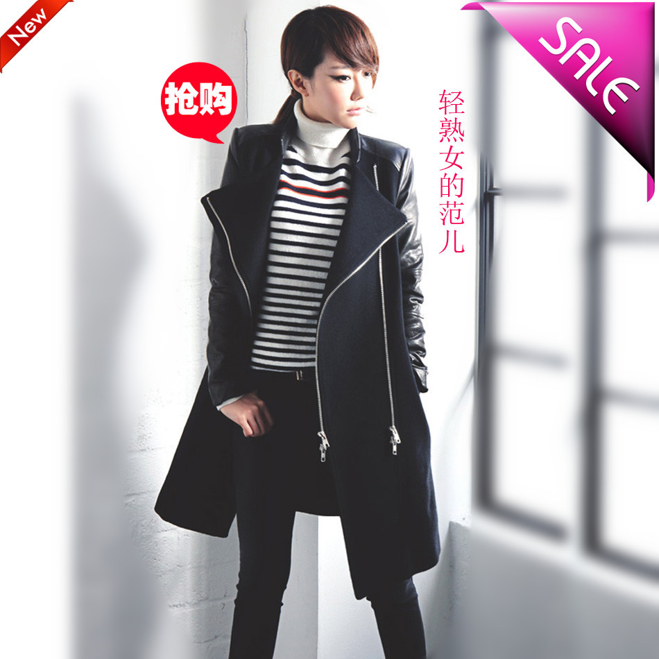 2013 new arrival plus size autumn and winter women splice woolen outerwear slim casual medium-long overcoat trench