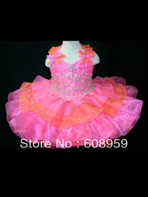 2013 New Arrival Pretty Baby A Line Beading Flower Mini Organza Pink Orange Pageant Dress Princess Pageant Gown For Kids