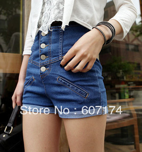 2013 New Arrival&PROMOTION women's single breasted roll-up hem high waist denim jeans shorts ladies casual shorts Size:S-XL
