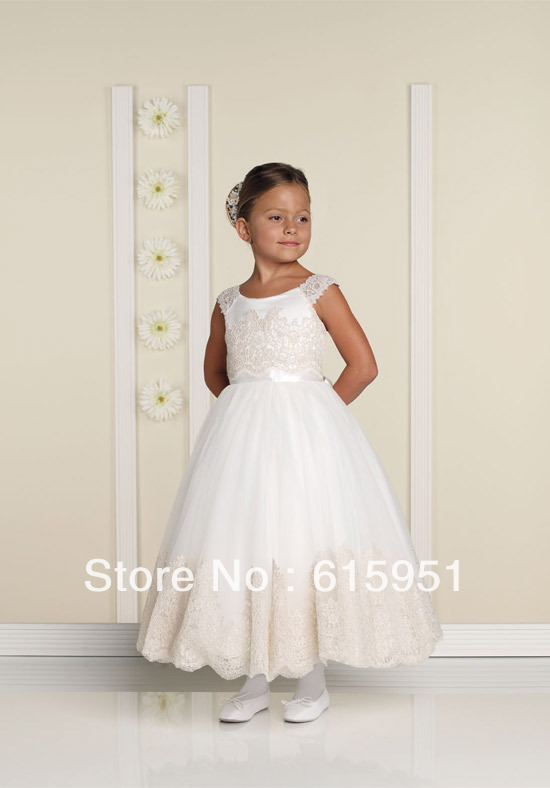 2013 new arrival sheer strap lace appliqued ivory ball gown ankle length lace flower girls dress little girl pageant dress JY444