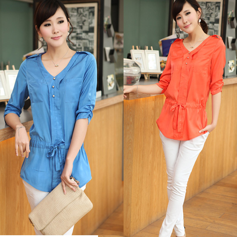 2013 New Arrival Summer Chiffon Medium-long Corset Classic Short-sleeve Shirt For Women,4 Colors,Free Shipping,RD381