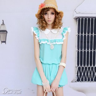 2013 new arrival summer fashion petal collar falbala light blue loose Jumpsuit shorts