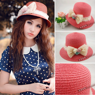 2013 new arrival summer sweet lace bow flower bucket hats sun-shading hat straw hat sun hat