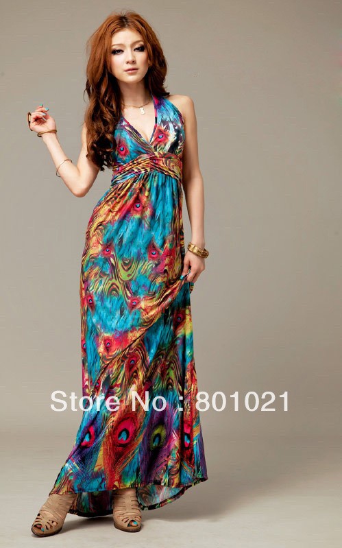 2013 New Arrival Top Sale Alluring V-Neckline Peacock Print Sleeveless Maxi Dress For Women