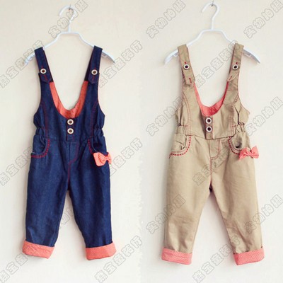 2013 New arrival wholesale 5pcs/lot fashion spring cotton girl jeans pant pretty kids ruched trousers cute bowknot overalls