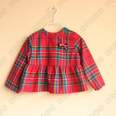 2013 New arrival wholesale 6pcs/lot fashion cotton spring summer baby girl dress plaid casual shirt pretty cute ruched blouse