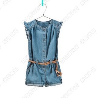 2013 New arrival wholesale 6pcs/lot fashion spring cotton girl jeans pant pretty kids ruched trousers belt one piece overalls