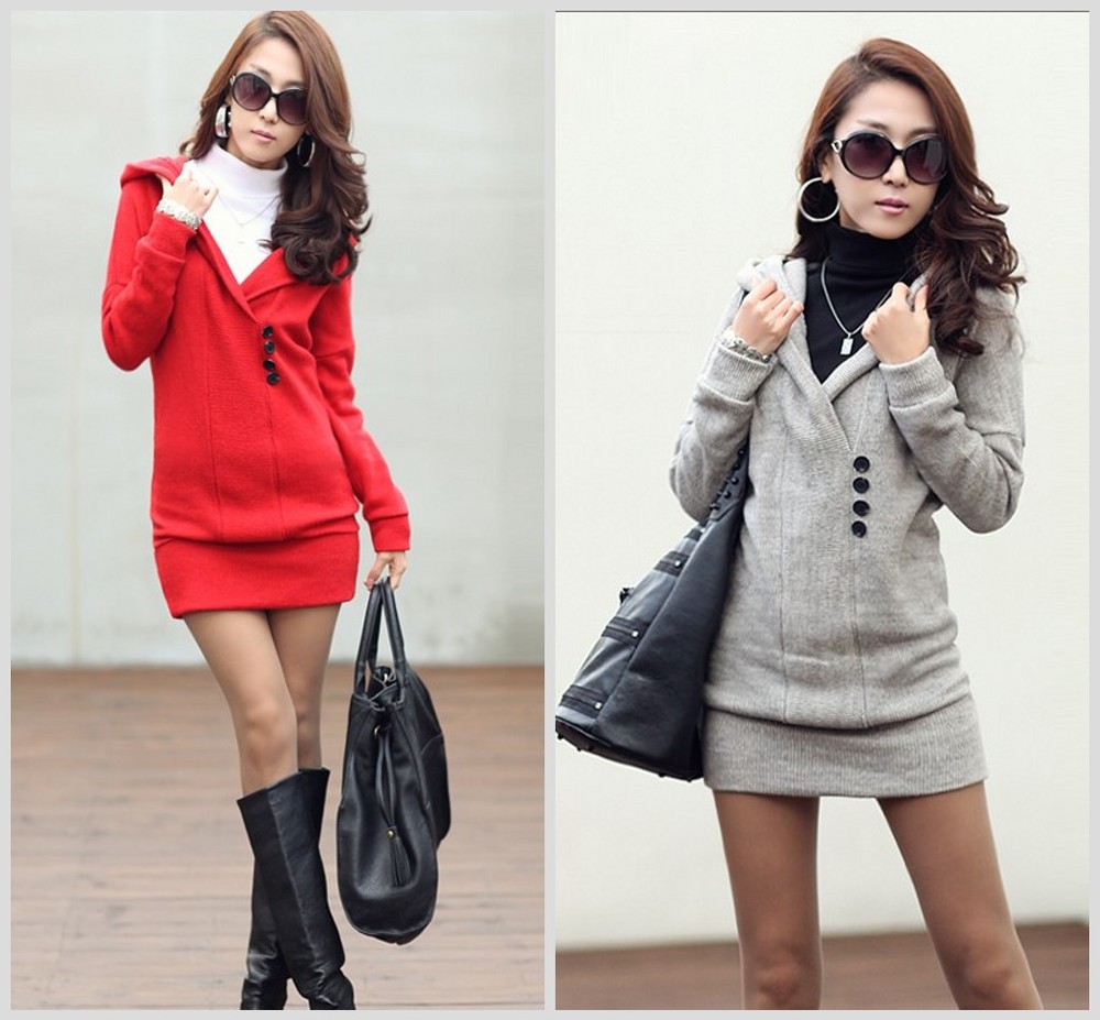 2013 New Arrival Winter Spring Ladies Hooded Pullover Sweater Long sleeves Button Design Mid long Outwear with Fleece lining