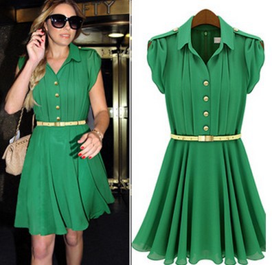 2013 New Arrival Women Fashion Green Pink Celerbrity Short Sleeve Chiffon Knee Length Plated Ruffle Dress With Sash S M L XL