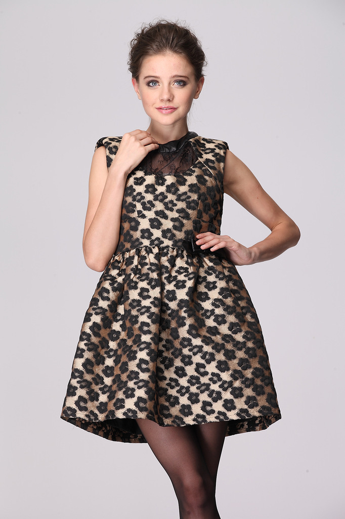 2013 New Arrival ! Women Fashion Seleeve Leopard Faux Leather  Working Career Short Ball Gown Dress Evening Size S M L