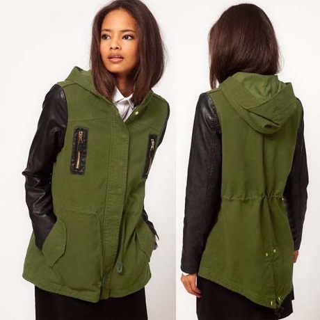 2013 New Arrival Women's Army Green with  black PU Long Sleeve patchwork Hooded Overcoat/trench,Free Shipping