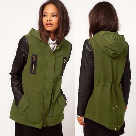 2013 New Arrival Women's Army Green with black PU Long Sleeve patchwork Hooded Overcoat/trench,Free Shipping