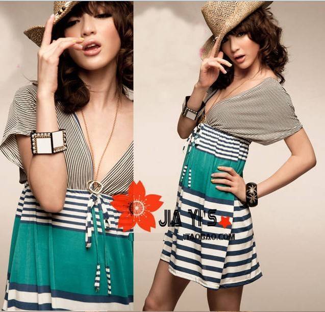 2013 new arrival women's batwing sleeve before and after the deep v neck brief stripe slim plus size one-piece dress