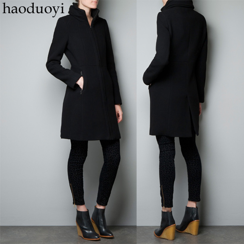 2013 New Arrival Women's Black woolen outerwear overcoat trench zipper style black woolen women's trench 6 full ,Free Shipping