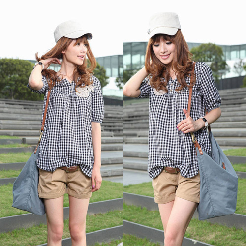 2013 new arrival women's cotton shirt plaid summer clothes cute for younger lady or student fashion free shipping S045