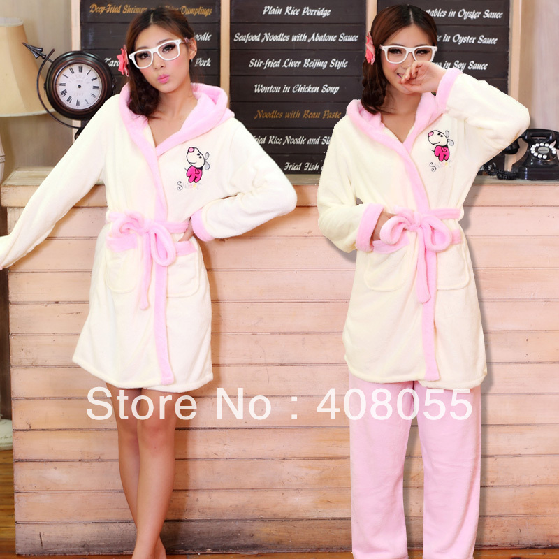 2013 new arrival  women's lengthen thickening coral fleece sleep set lounge cream princess Free shipping