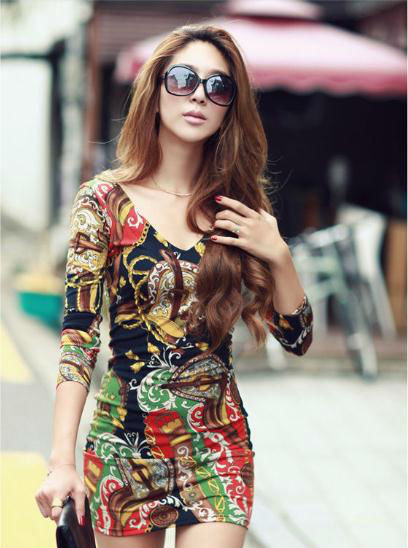 2013 New Arrival women's Mid-Long Sleeve Sexy Slim Printed Paty Dress,Free Shipping