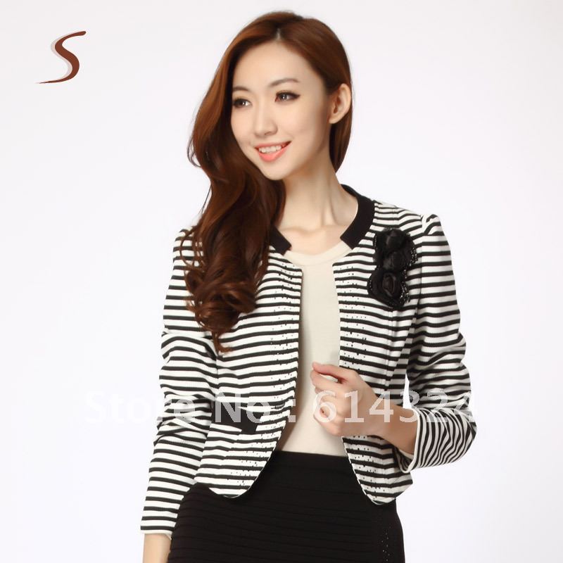 2013 new arrival women's plus size long-sleeve stripe short design short jacket knitted small lap women's outwear