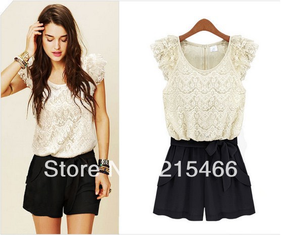 2013 New Arrival Women's Summer Fashion Lace Chiffon Patchwork Jumpsuits Rompers with Sashes Free Shipping High Quality S/M/L/XL