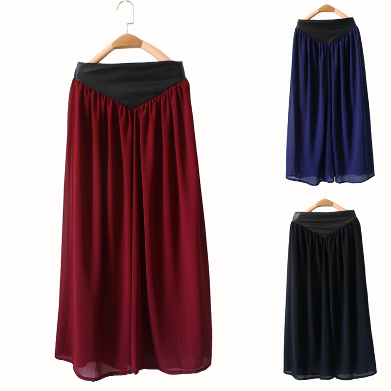 2013 new arrivals sexy solid chiffon full length skirt  faux leather waistband maxi skirt beach pleated skirt free shipping