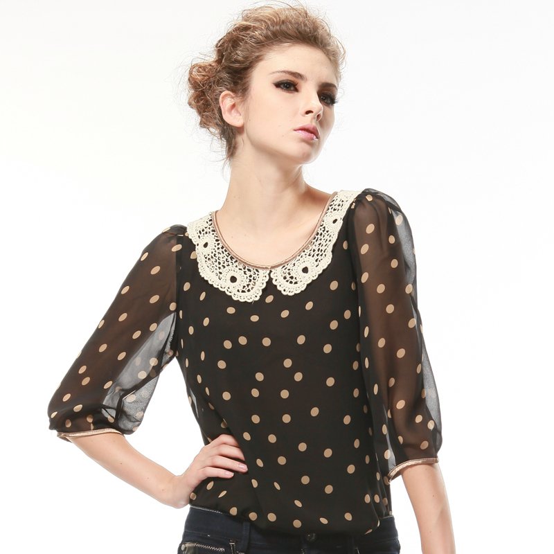 2013 new arrivals women's loose plus size chiffon shirt polka dot o-neck lace decoration personalized fashion tops WL 1139