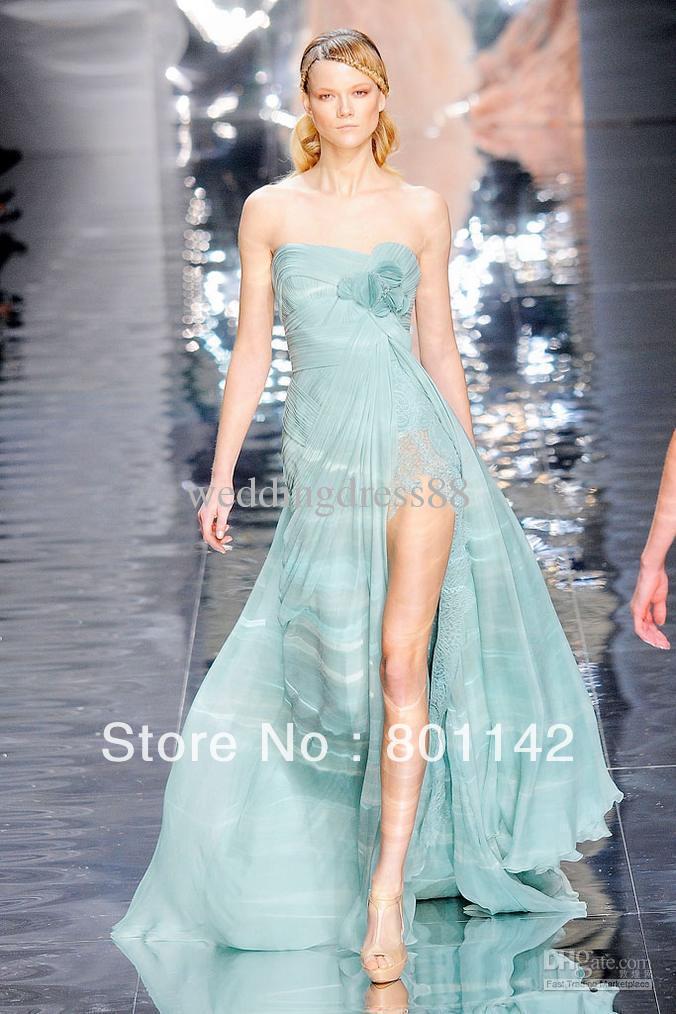 2013 New Arrive Amazing Strapless Chiffon Ruffled Train Backless Slit Evening Dresses Prom Gown Celebrity Dress
