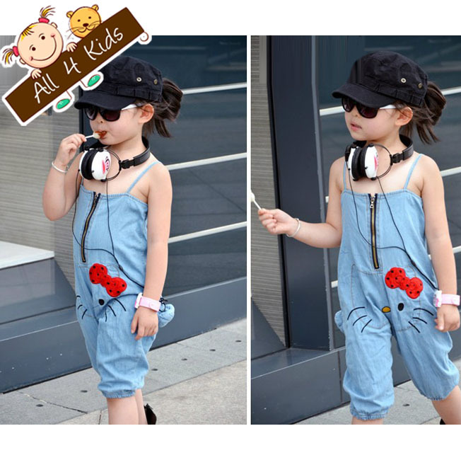 2013 New Arrive Girls Overall Kids Hello Kitty Capri Jeans Pants Children Fashion Clothing Free Shipping