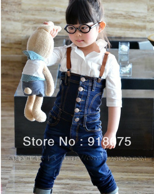 2013 new arrive girls Overalls jeans baby jeans korean style girl denim overalls size:100cm-140cm autumn kid trousers wholesale