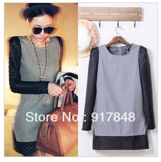2013 new arrive women super fashion cool woolen splicing leather long sleeve dress