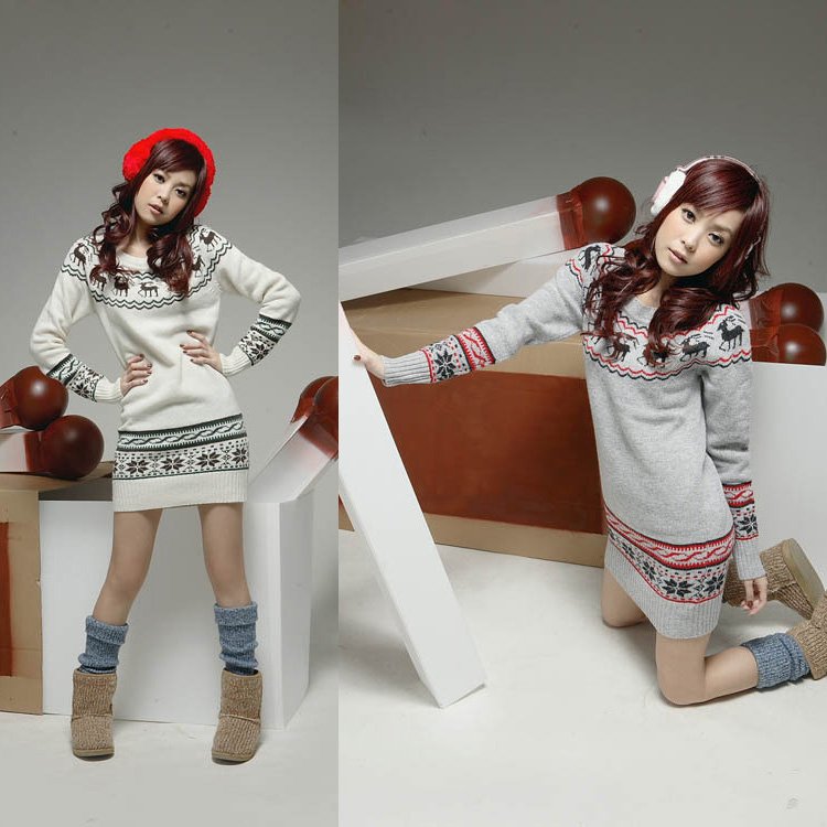 2013 New Arrive Womens Autumn Winter Christmas Deer Design White Gray Pullover Sweater Knitted Casual Free Shipping