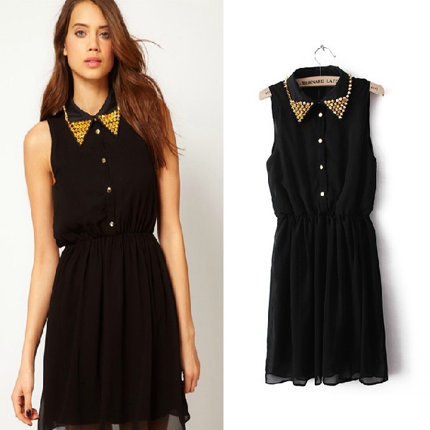 2013 New ASOS Beaded Collar Sleeveless Slim Chiffon Dress Was Thin
