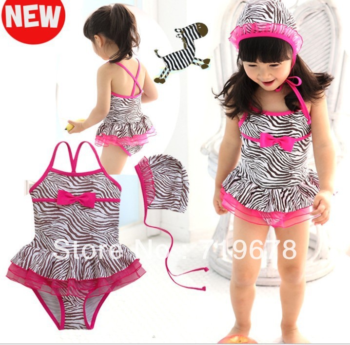 2013 New baby girl swimwear Zebra suspender one-piece bathing suit+cap,MAR104
