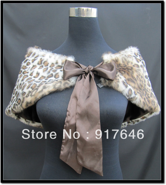 2013 New Beautiful Leopard Print  Ribbons Faux Fur Stole Wedding Shawls Wraps Shrug Bolero Jacket Bridal Prom
