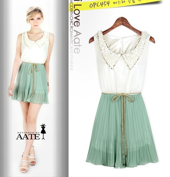 2013 new boutique Recommended lapel Sequin Pleated Chiffon Dress / waist rope /wholesale can mixed batch free shipping