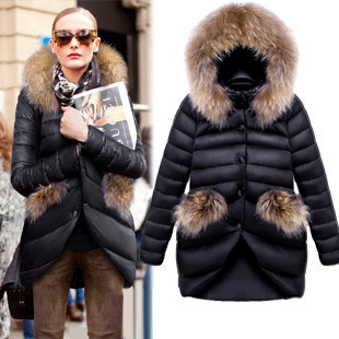 2013 New Brand clothing raccoon fur hooded slim medium-long down coat for women female Women's  Down Jacket Parkas EMS free ship