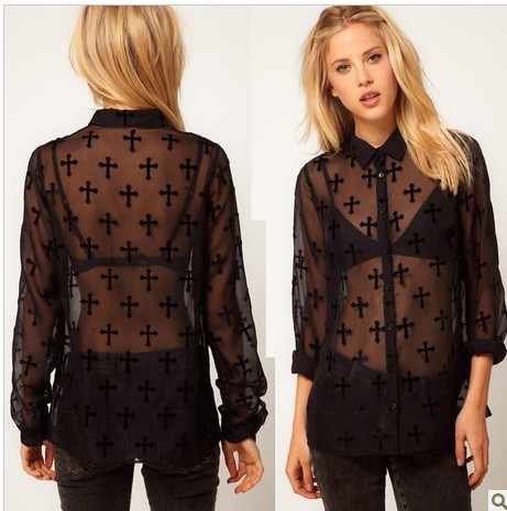 2013 NEW Brand Design  Ladies Sexy Black Chiffon Cross Flocking Shirt Blouse 6 sizes