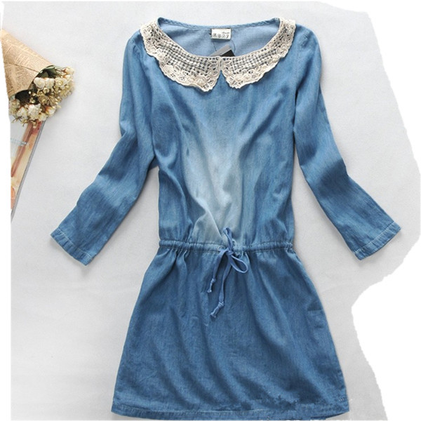 2013 new Brand Newest,Vintage Fashion Women's Denim Dresses ,Popular Lace Neck Ladies' Dress Casual workwear ,Free shipping