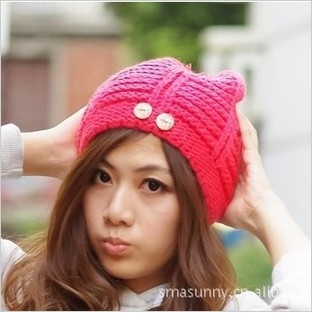 2013 New Brand Warm&Beautiful Winter Knitted Wool Hat Women's Cap two wood button Kintting Lady Beanie HatsFree Shipping