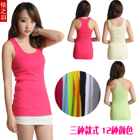 2013 new Candy color 100% cotton rib knitting vest basic spaghetti strap o-neck I-shaped vest medium-long basic vest female