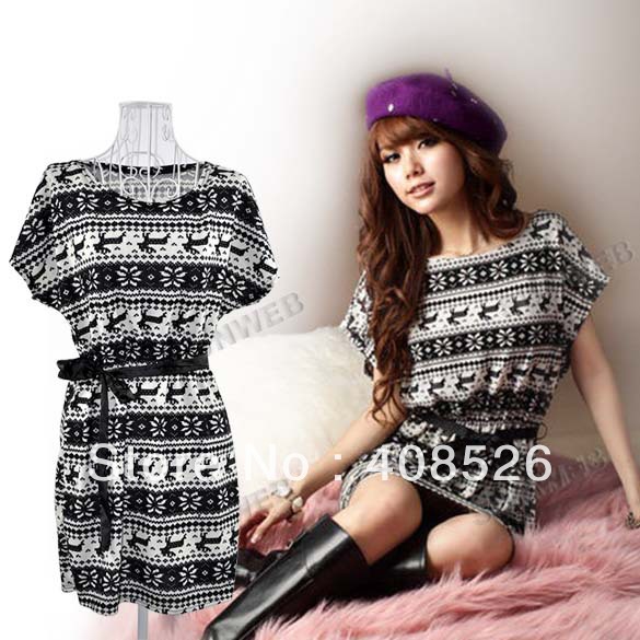2013 New Casual Cotton Fashion Women's Dresses Round Neck Deer Totem Midi Bandage Dress Black + White free shipping 8773
